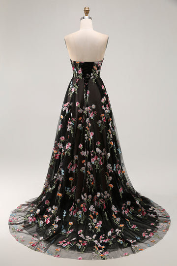 Strapless Black Floral A Line Long Prom Dress